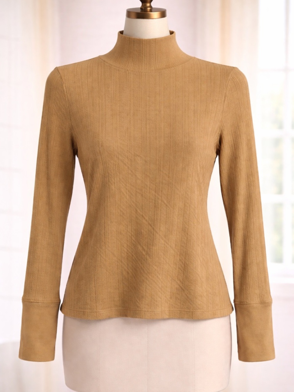 aerie Ribbed Mock Neck Long Sleeve Top in Camel